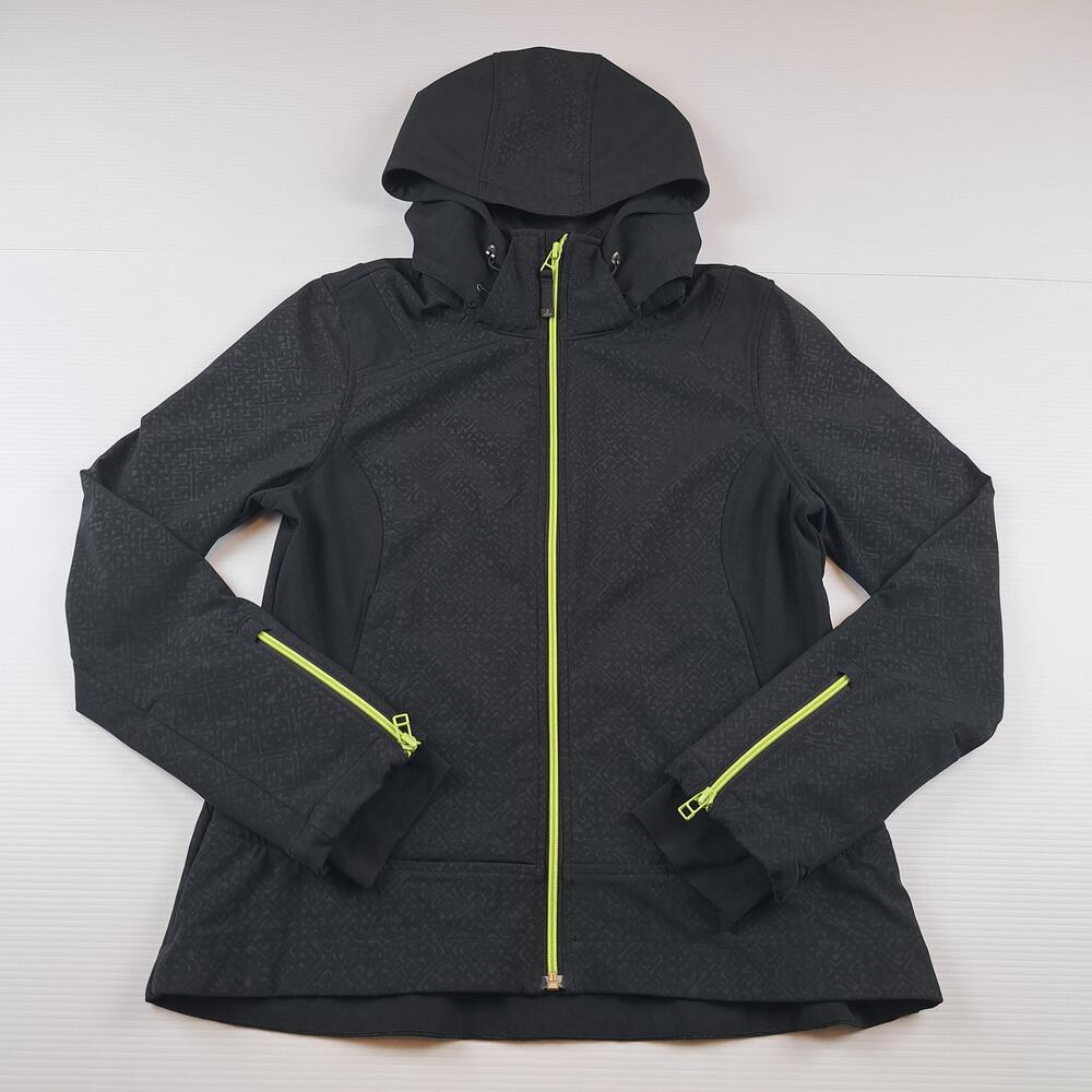 PrAna Jacket Womens Large Black Softshell Hooded Fleece Lined Full Zip Hiking